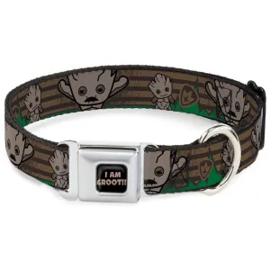 Buckle-Down Seatbelt Buckle Dog Collar - Kawaii Groot 2-Poses/Guardians Badge Browns/Green - 1" Wide - Fits 9-15" Neck - Small